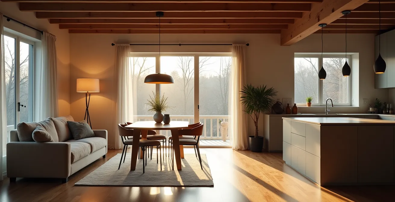 Salon à aire ouverte avec zones distinctes créées par l'éclairage et le mobilier