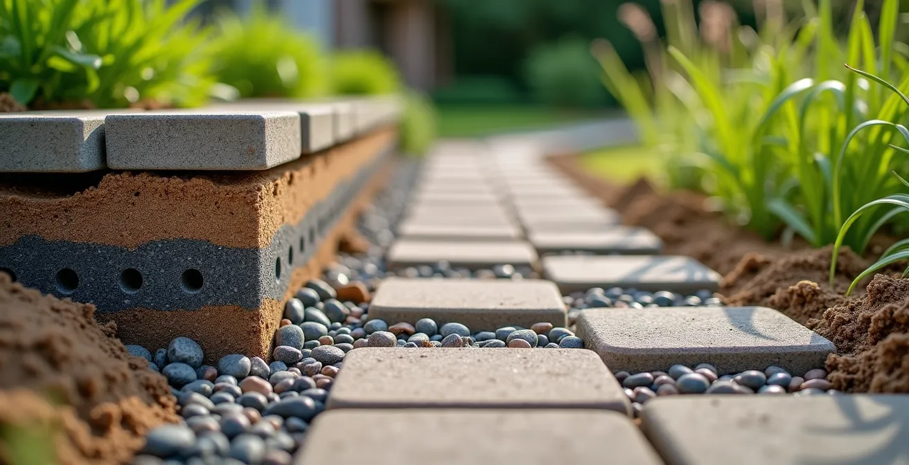 Coupe transversale d'une allée de jardin montrant les couches de fondation anti-gel avec gravier compacté et système de drainage