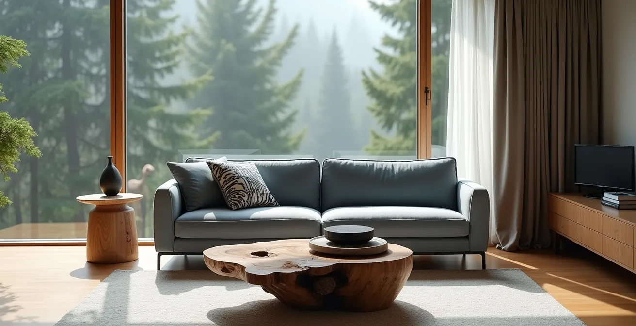 Salon style West Coast canadien avec bois flotté et palette de bleus-gris