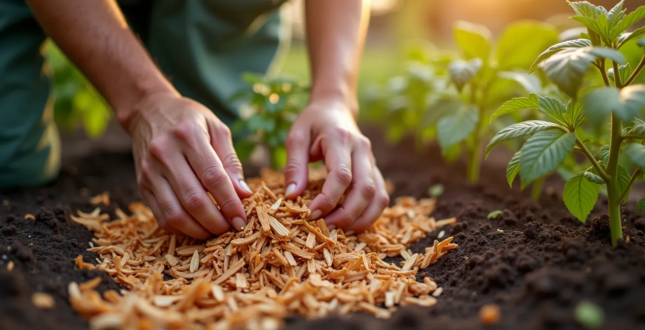 Jardinier appliquant du paillis de cèdre dans un potager canadien au printemps