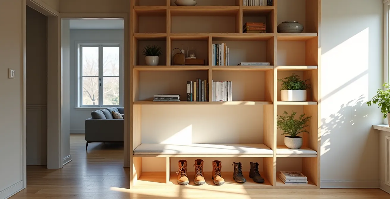 Bibliothèque modulaire en bois clair séparant subtilement l'entrée du salon dans une maison canadienne
