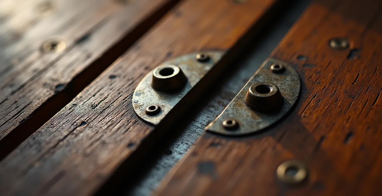 Vue macro détaillée d'un cadre de porte en bois renforcé avec plaque métallique