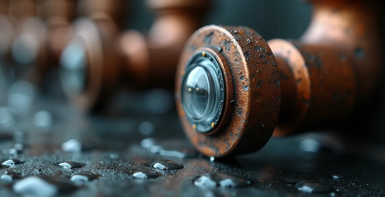 Vue macro d'un capteur de détection d'eau près d'un tuyau avec condensation