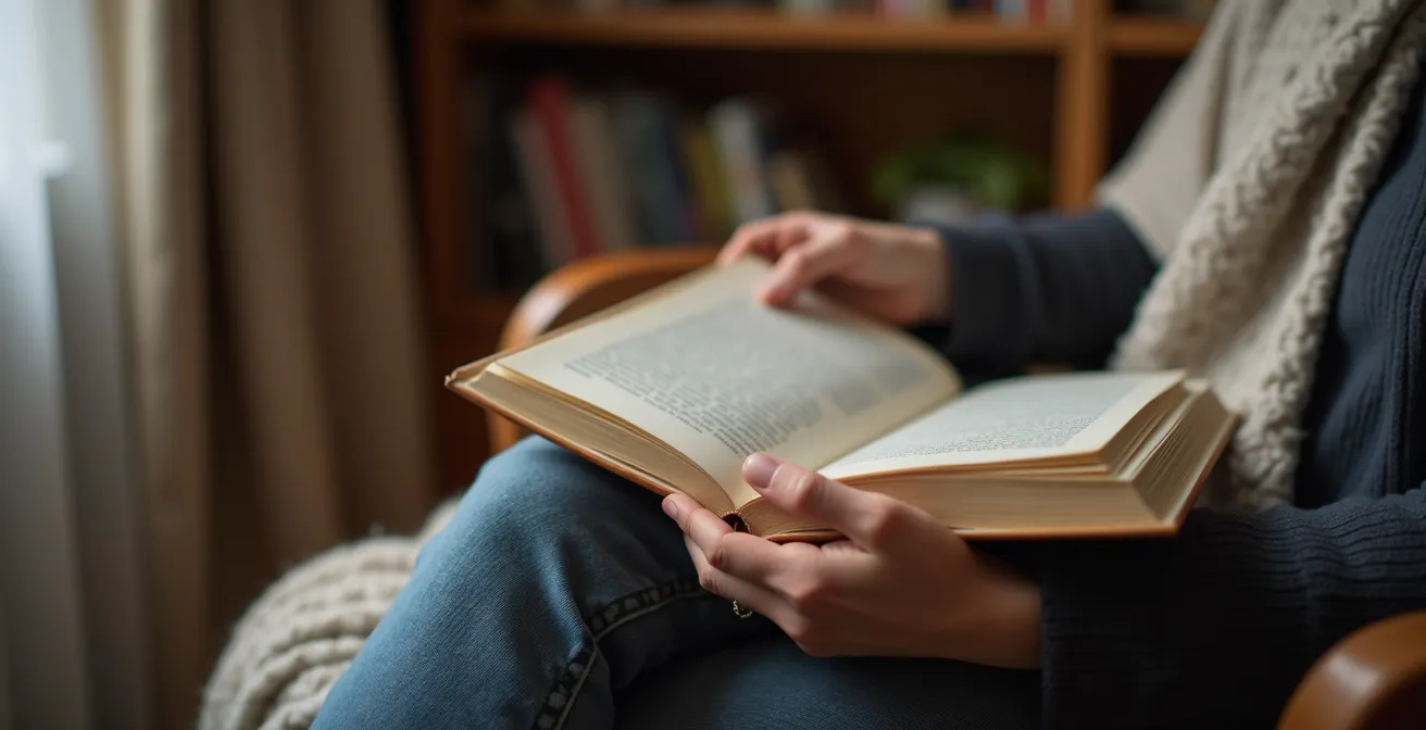 Coin lecture avec fauteuil design québécois, éclairage d'appoint et bibliothèque en bois