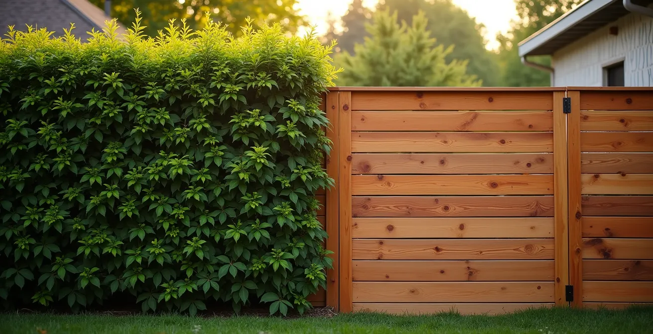 Vue comparative d'une haie de cèdres dense et de panneaux de bois modernes