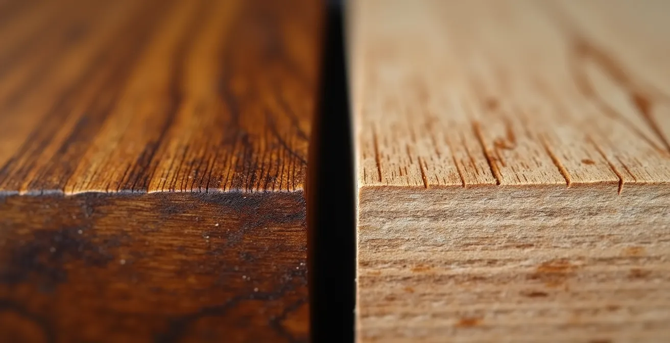 Comparaison visuelle entre un meuble en bois massif vintage et un meuble en kit moderne