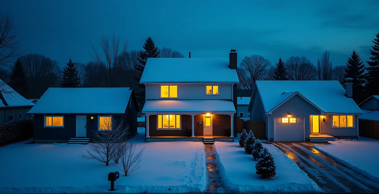Vue aérienne en soirée de trois maisons canadiennes de différentes époques montrant l'intensité lumineuse variable