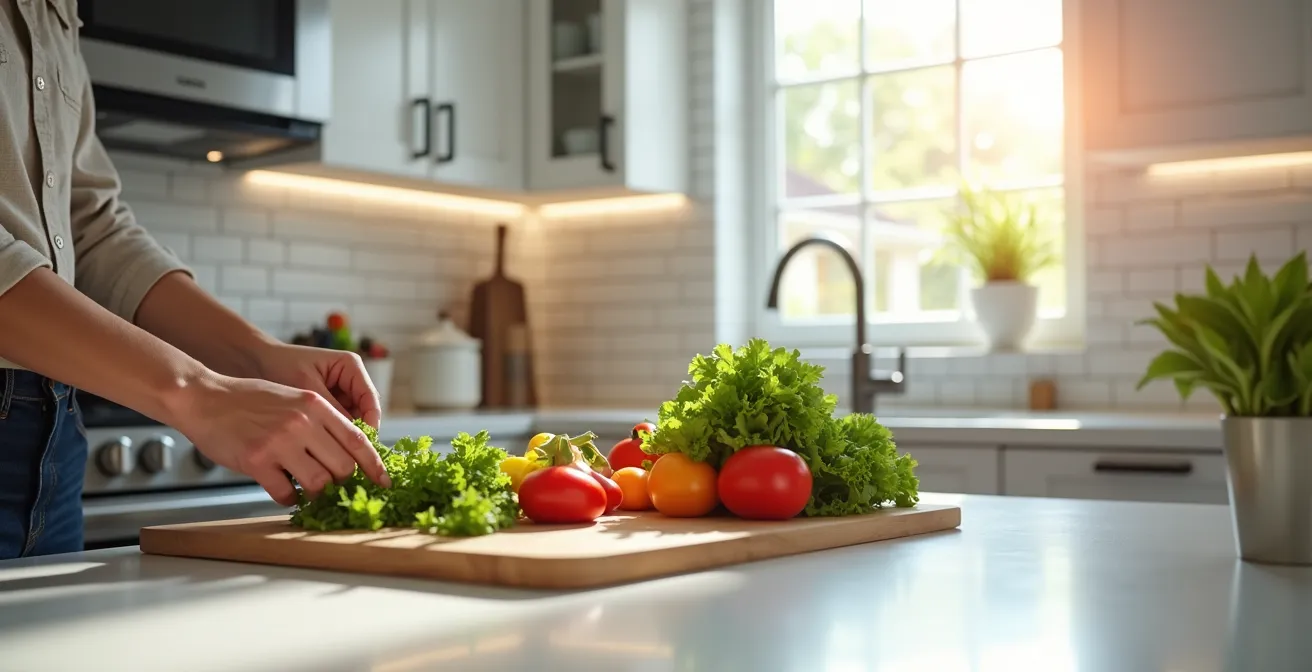 Cuisine moderne rénovée avec comptoirs en quartz et armoires repeintes dans une maison québécoise