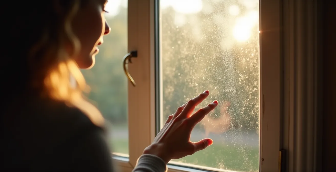 Vue rapprochée d'une fenêtre montrant différents types de condensation et signes d'usure