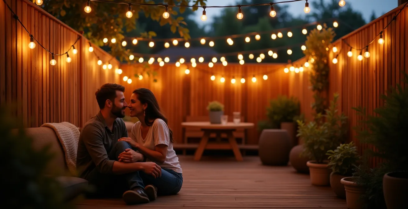 Terrasse avec éclairage indirect chaleureux minimisant l'attraction des insectes