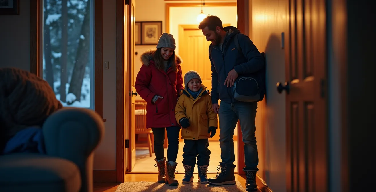 Famille canadienne rentrant dans une maison chaleureuse après une journée d'hiver