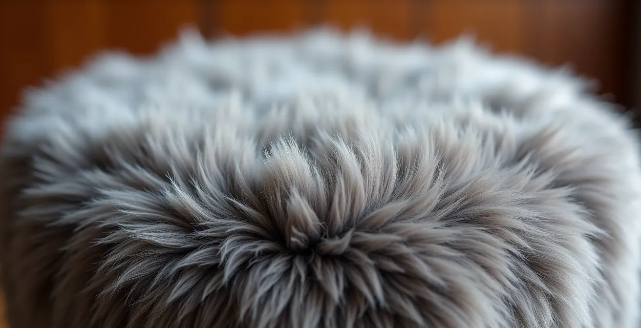 Détail macro de fausse fourrure gris loup sur pouf moderne avec textures naturelles