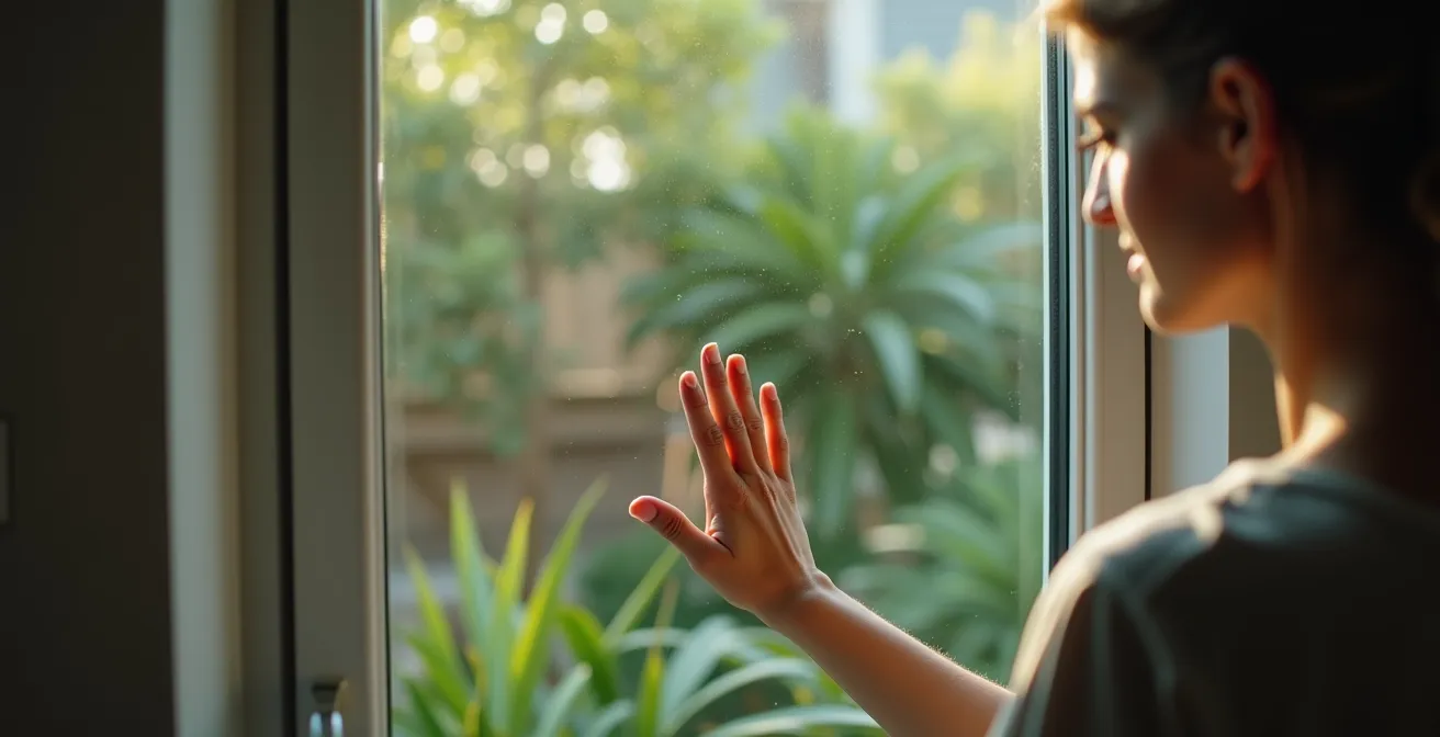Fenêtre moderne avec pellicule de sécurité transparente et végétation défensive