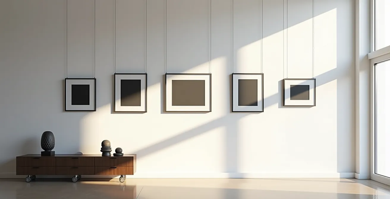 Système de cimaise à pression installé dans un salon avec plusieurs cadres suspendus