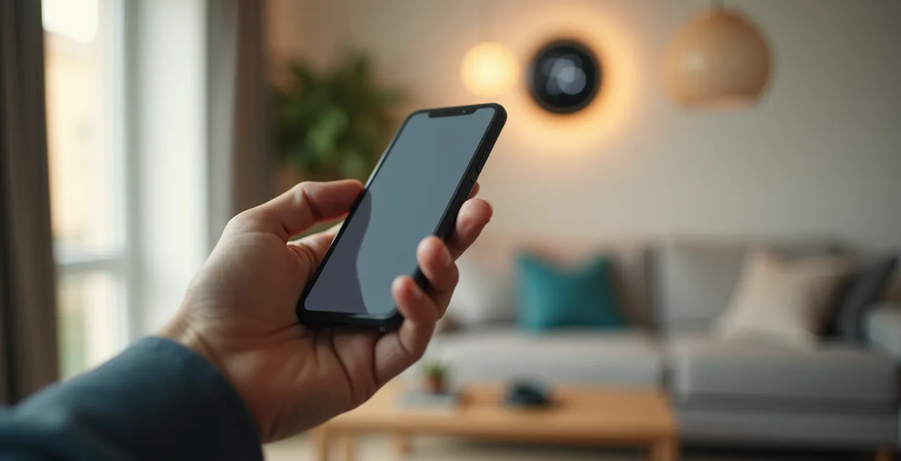 Main tenant un téléphone avec une carte de géolocalisation, avec un thermostat intelligent flou en arrière-plan.