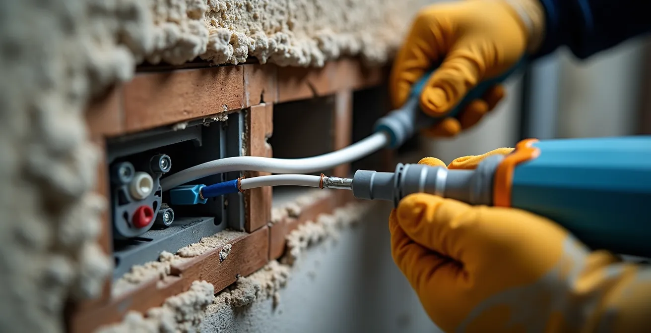 Gros plan sur installation électrique avec fil neutre dans mur ancien
