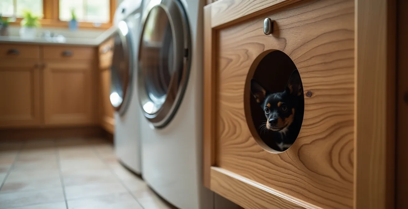 Coin de salle de lavage moderne avec meuble bas intégrant discrètement un espace pour litière de chat