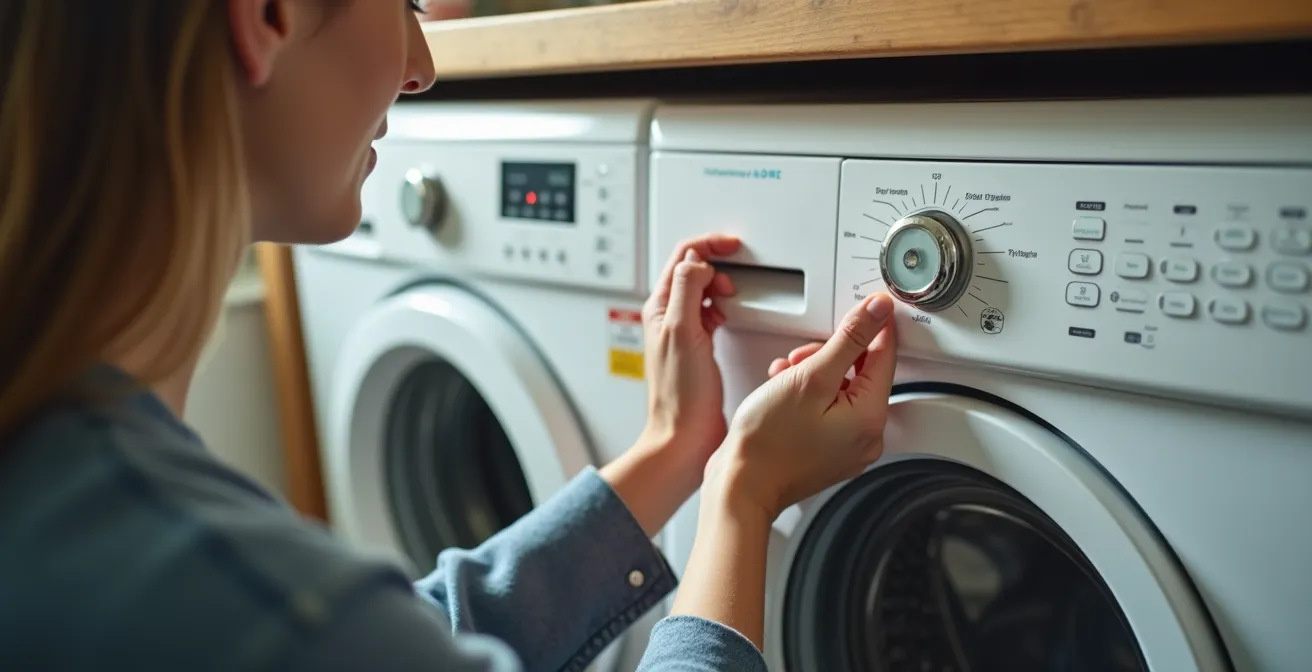 Personne vérifiant un détecteur d'eau dans une buanderie moderne