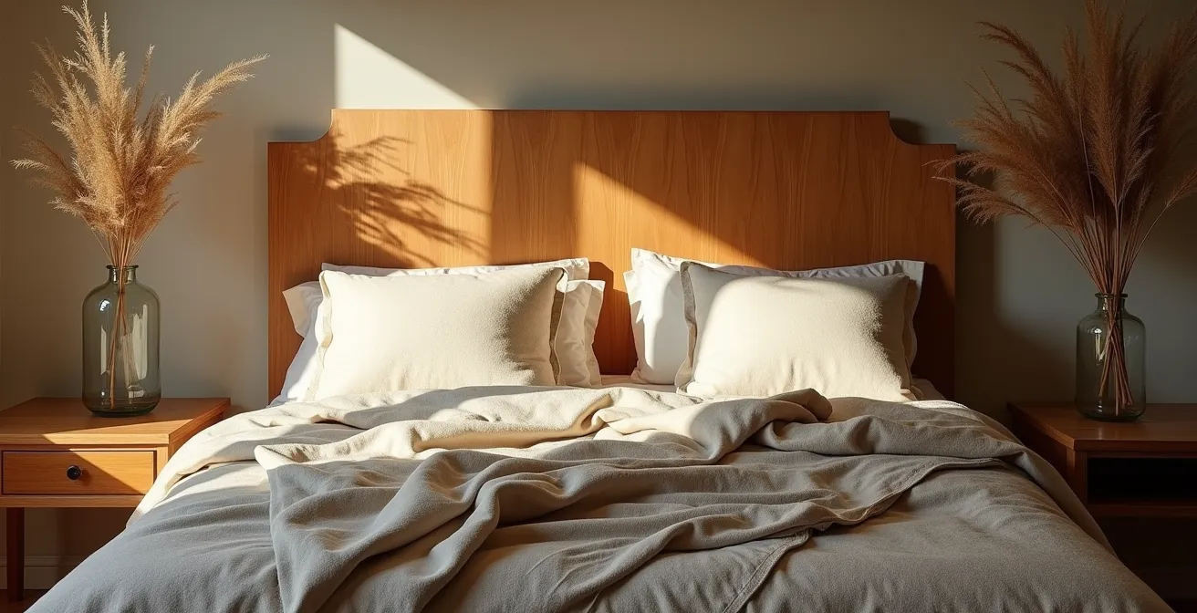 Vue d'ensemble d'une chambre aux matériaux naturels canadiens avec bois de grange, jetée en alpaga et coussins en lin
