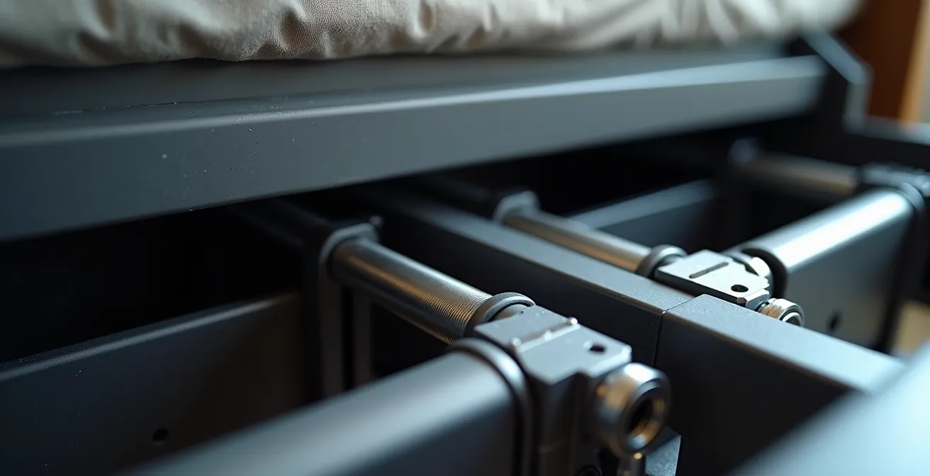 Gros plan sur le mécanisme de levage hydraulique d'un lit-coffre montrant les pistons et la structure métallique