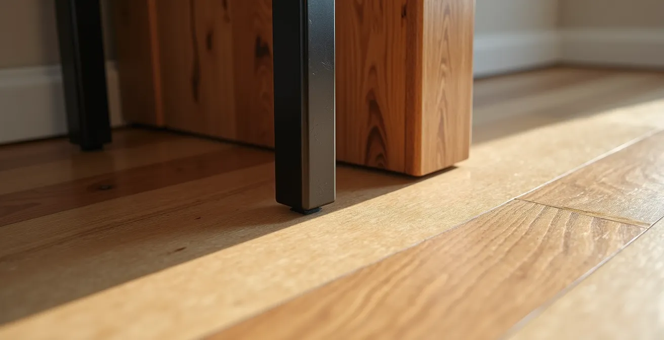 Détail rapproché de différentes essences de bois harmonisées avec éléments métalliques de transition