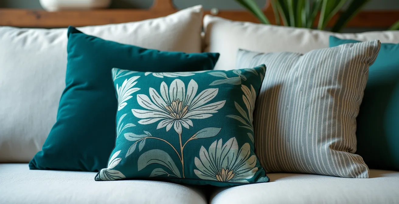 Gros plan sur arrangement de coussins montrant la règle 60-30-10 avec motifs variés harmonisés par une palette commune