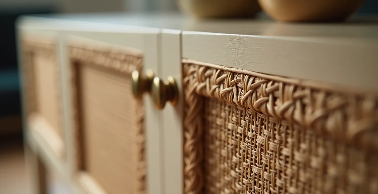 Commode IKEA personnalisée avec des portes en cannage et des poignées en laiton massif, démontrant un hack haut de gamme.