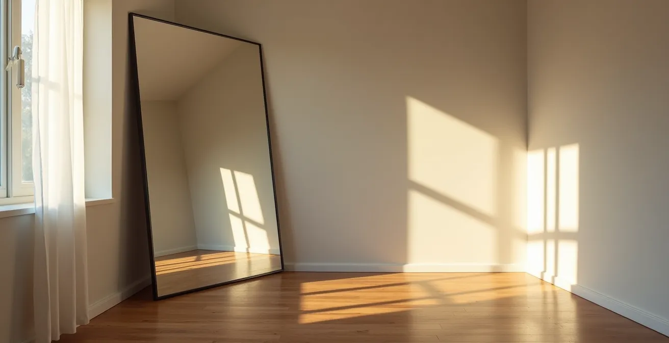 Miroir positionné stratégiquement dans un angle pour doubler visuellement la perspective d'une pièce