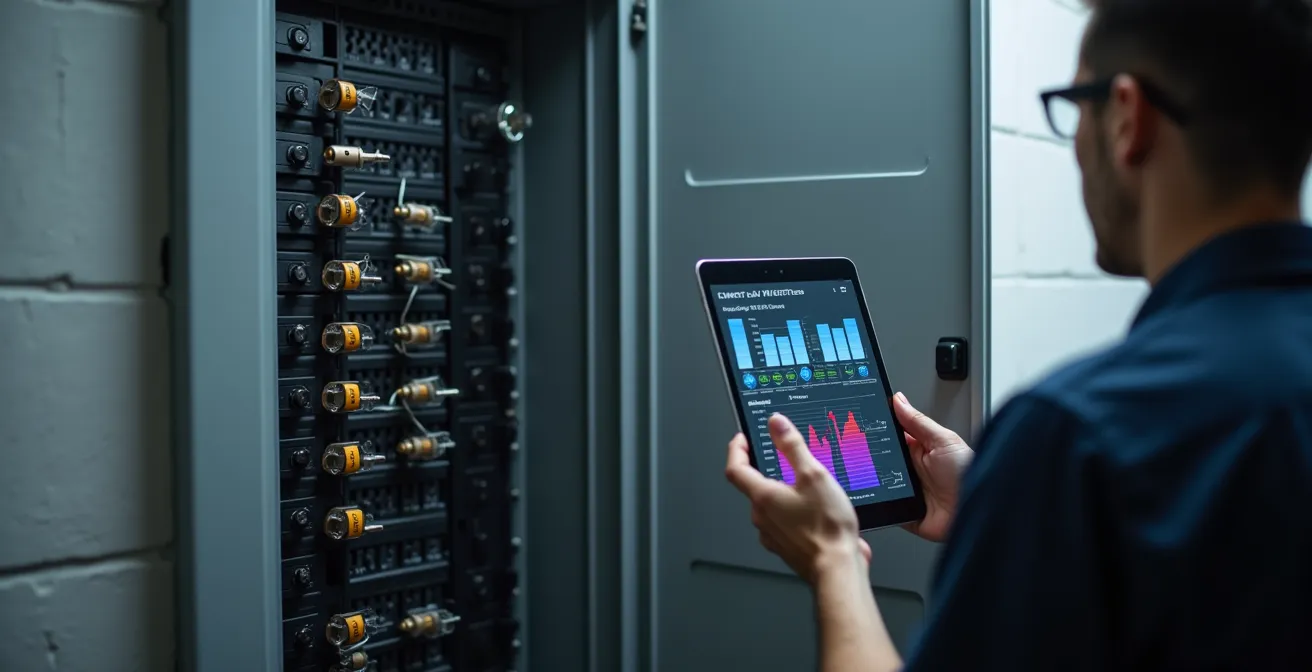 Vue en angle d'un panneau électrique avec capteurs de monitoring installés