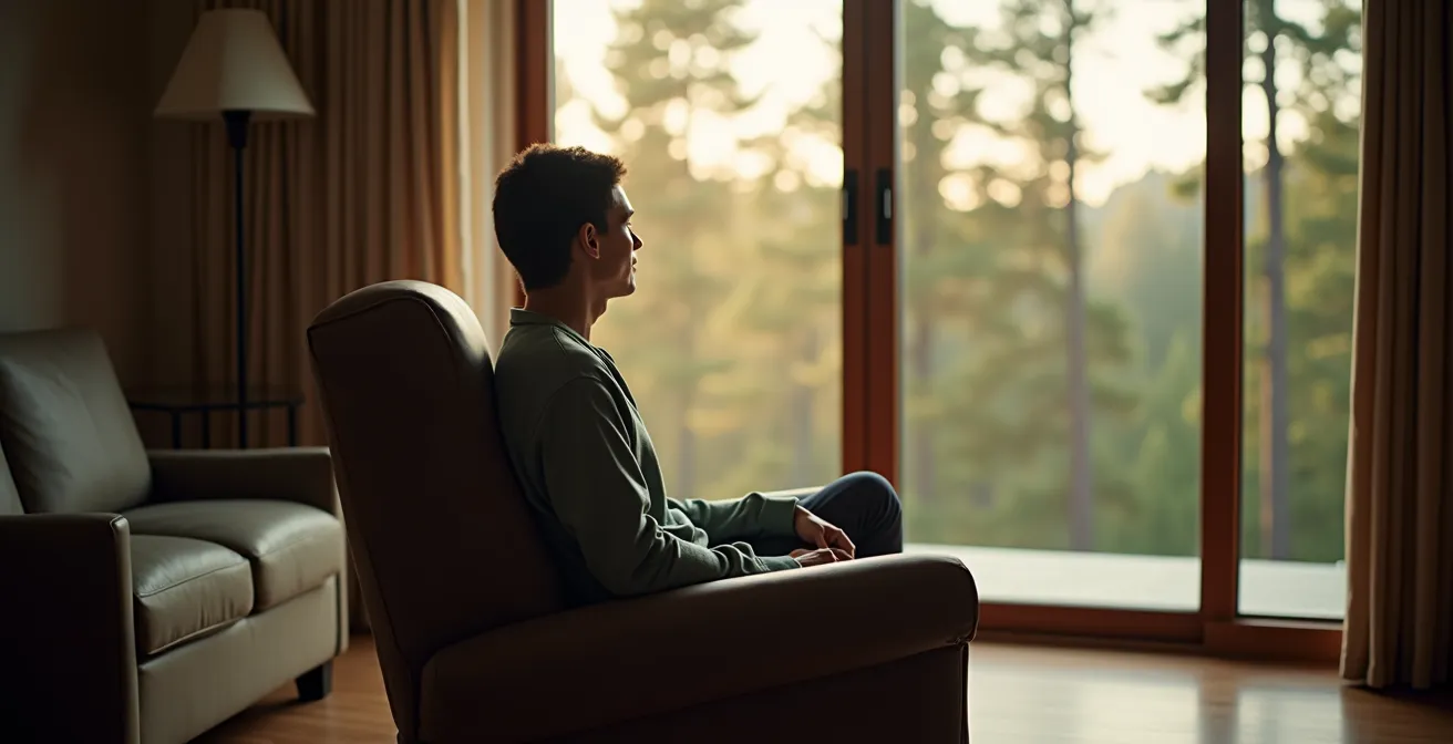 Salon orienté vers une grande fenêtre panoramique donnant sur la nature canadienne
