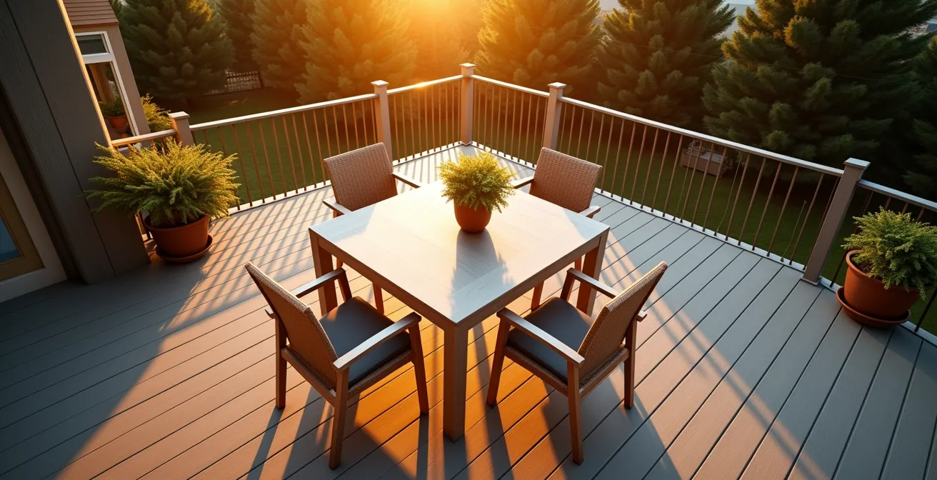 Vue aérienne d'une terrasse montrant l'orientation optimale de la table par rapport au soleil