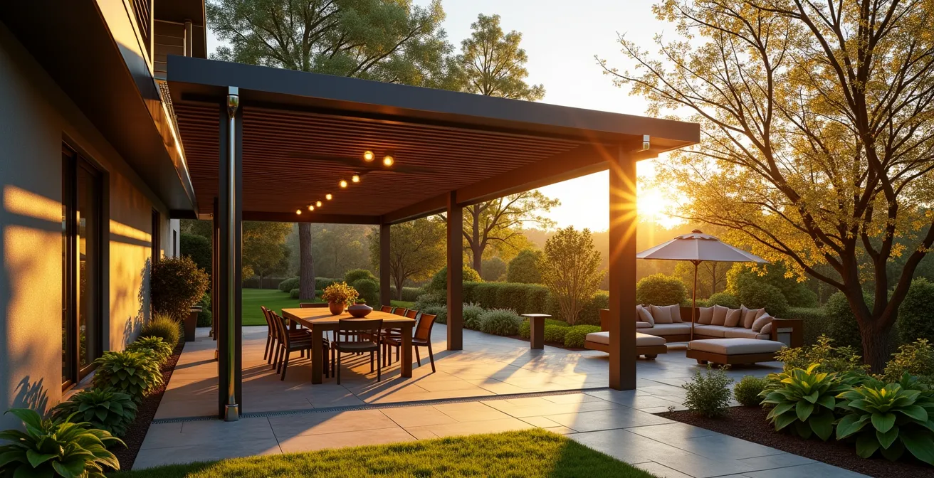 Pergola à lames orientables intégrée harmonieusement entre terrasse ensoleillée et jardin d'ombre avec système de récupération d'eau