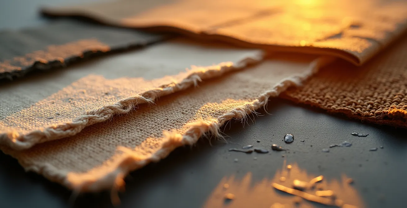 Planche d'échantillons avec tissus et matériaux sous lumière naturelle canadienne