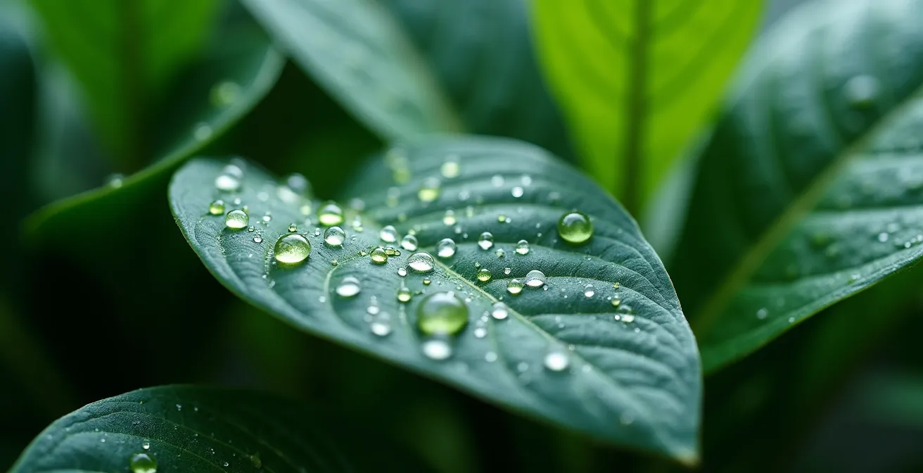 Plantes tropicales dans une salle de bain humide créant une ambiance spa naturelle
