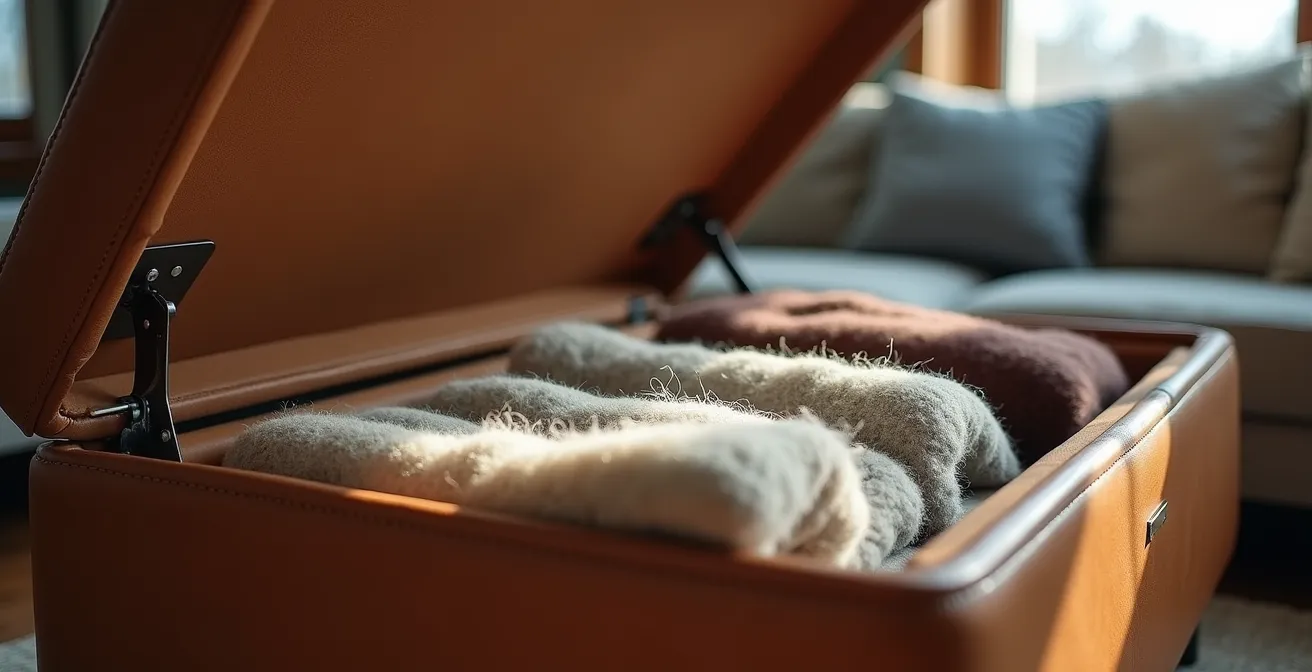Pouf-coffre en cuir dans un salon avec plaids et accessoires rangés à l'intérieur