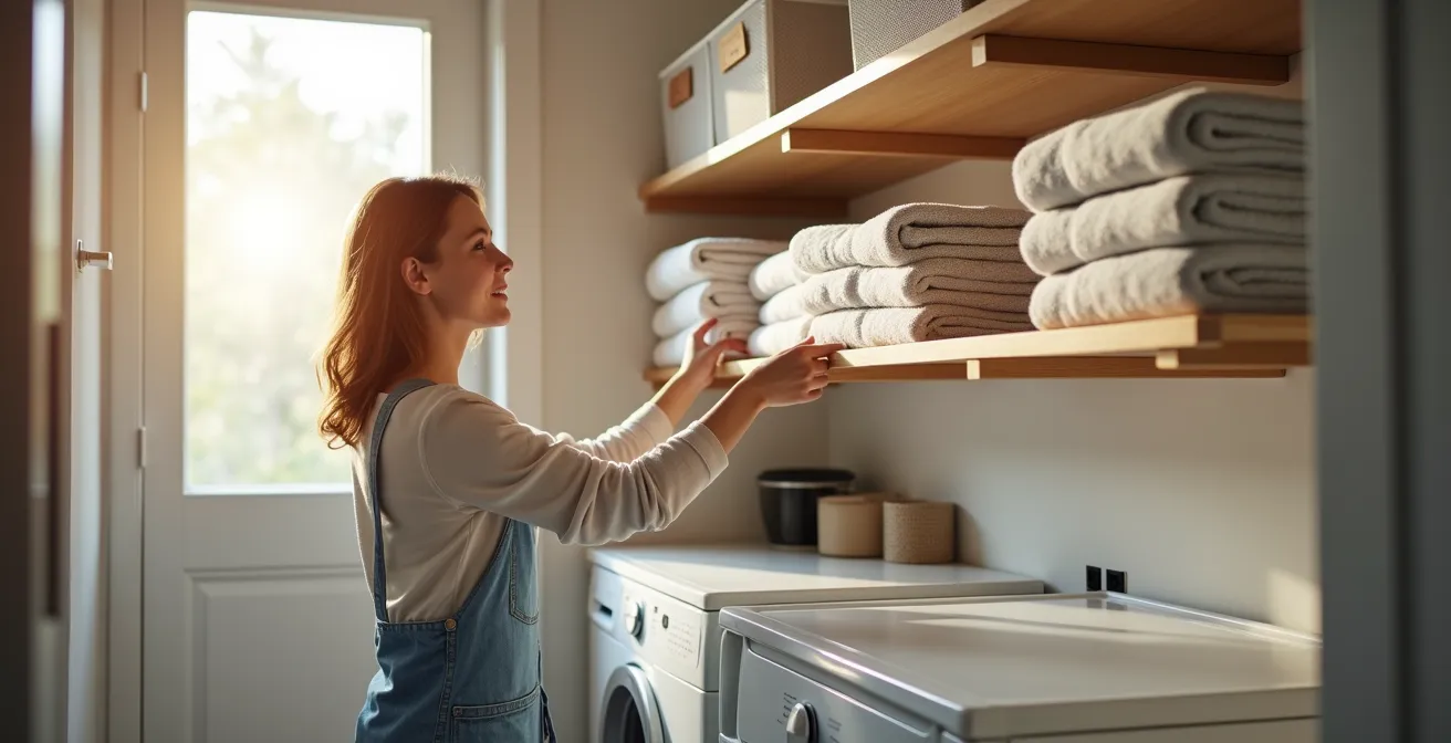 Espace de lavage compact dans un garde-robe avec organisation verticale et sécheuse empilée