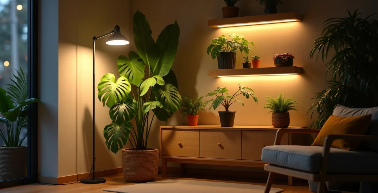 Salon moderne avec lampes de croissance esthétiquement intégrées pour plantes tropicales