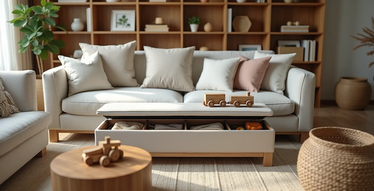 Salon contemporain avec système de rangement discret pour jouets intégré dans le mobilier