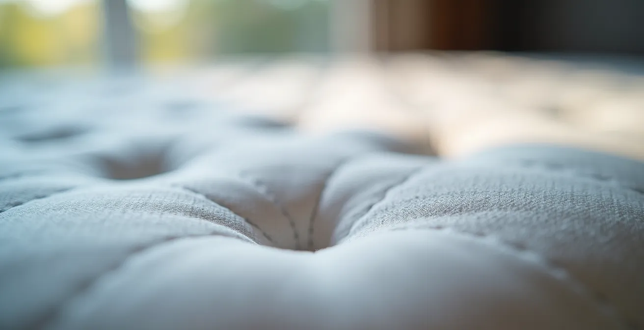 Vue macro détaillée montrant les signes d'usure d'un matelas, avec une texture affaissée et fatiguée.