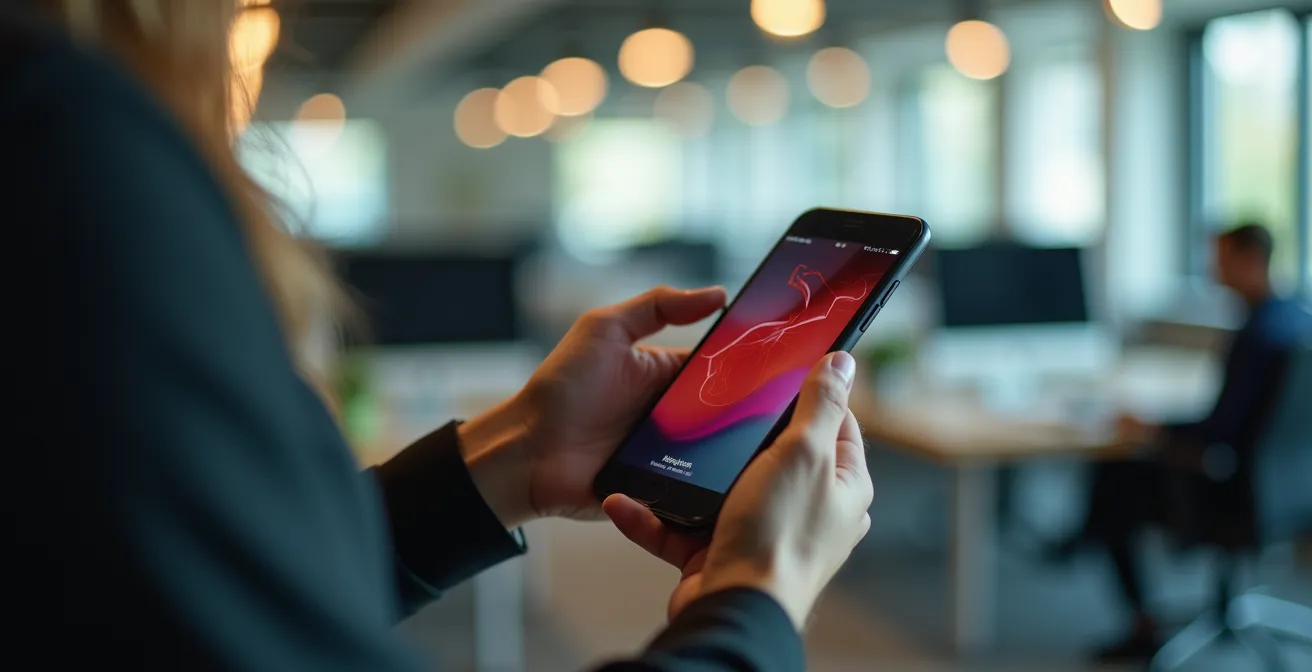 Main tenant un smartphone recevant une notification d'alarme incendie au bureau