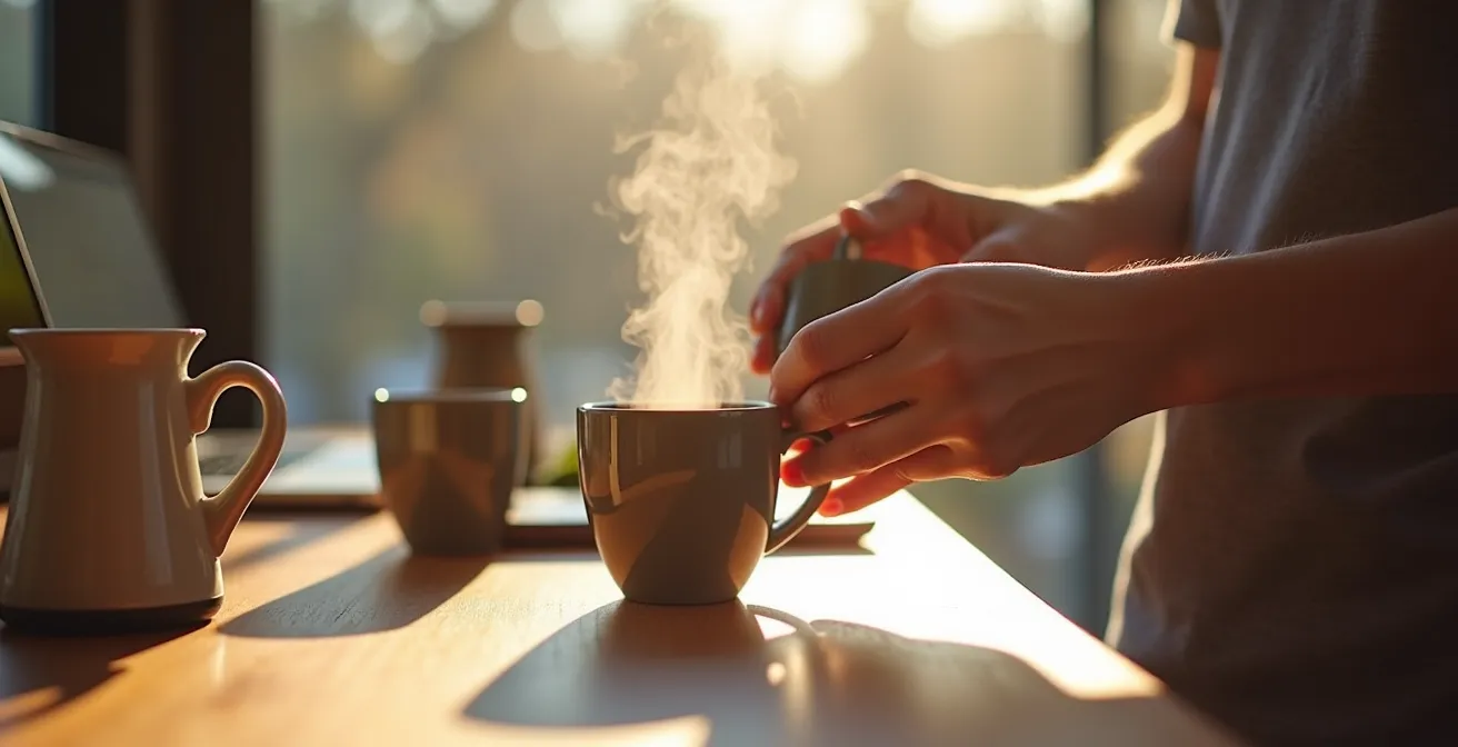 Station pause-café organisée près d'un espace de télétravail avec rangements pratiques