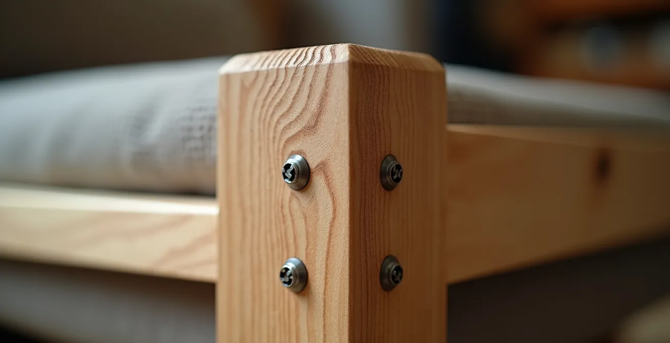 Vue rapprochée de la structure en bois massif d'érable d'un divan avec assemblages robustes