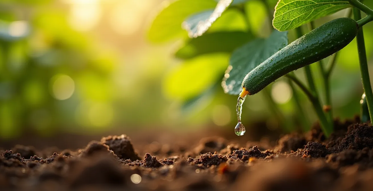 Gros plan sur un système d'irrigation goutte-à-goutte arrosant des plants de concombres au lever du soleil