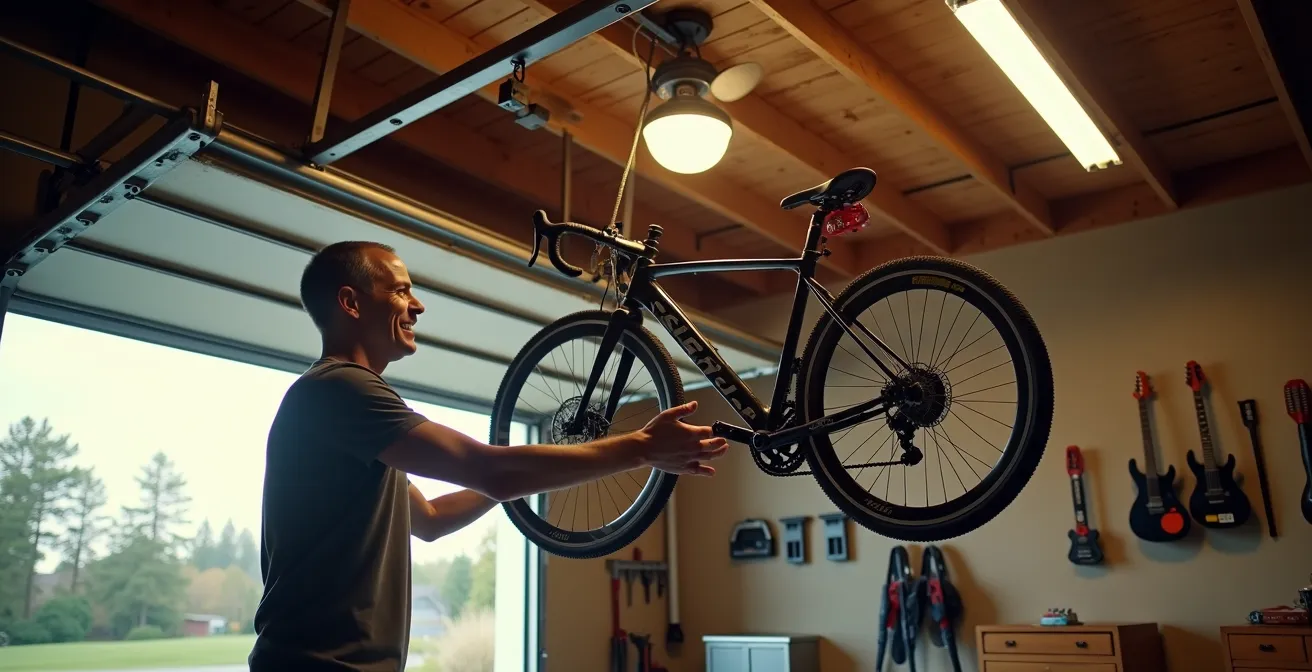 Système de palans pour vélos installé au plafond d'un garage avec ancrage dans les solives