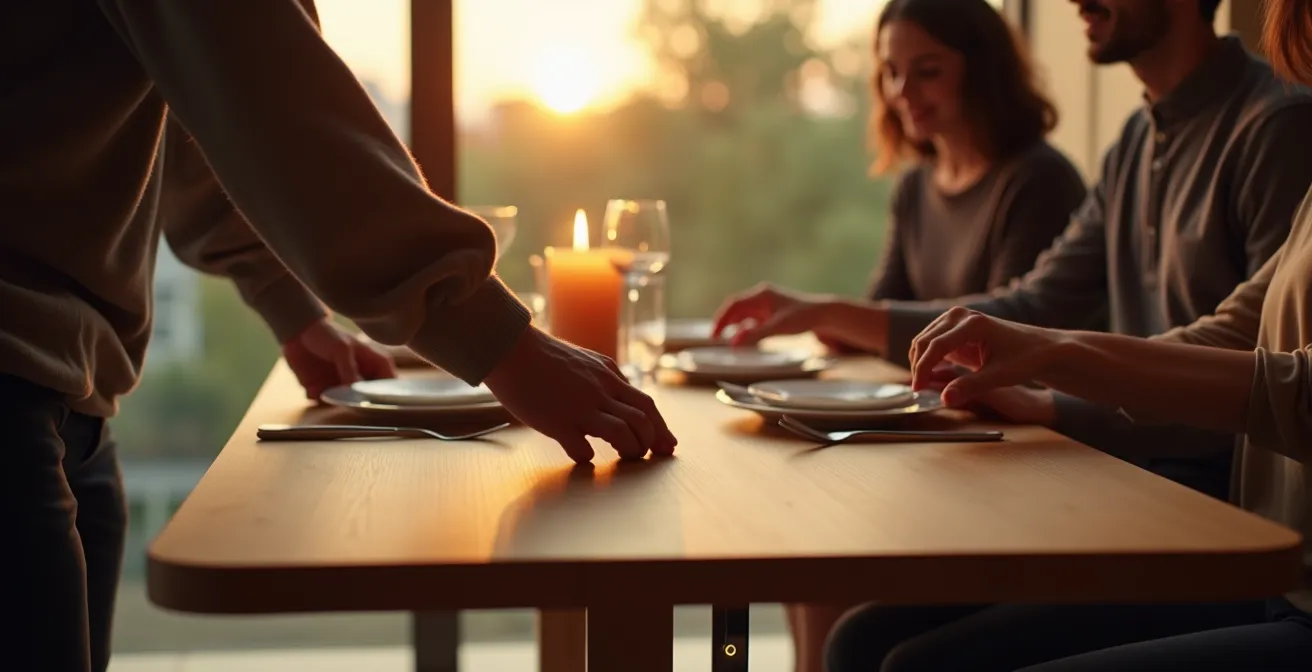Table console transformée en table de réception pour 8 personnes dans un condo
