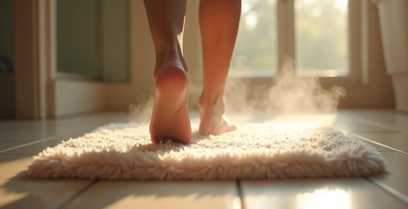 Gros plan sur un tapis de bain moelleux avec vapeur suggérant la chaleur