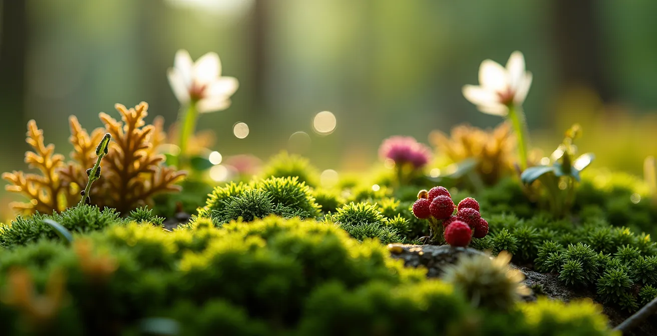 Tapis de mousses variées et couvre-sols natifs canadiens créant un patchwork de textures vertes à l'ombre