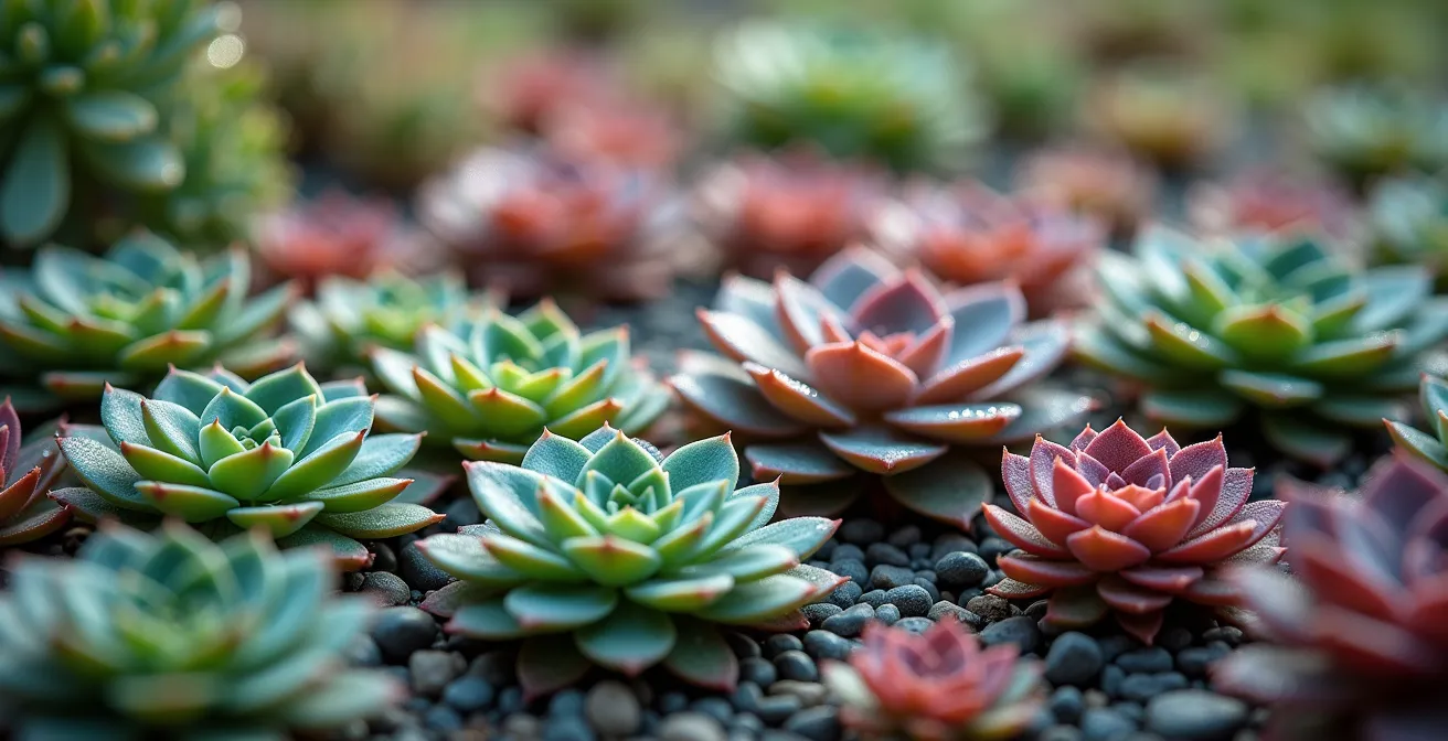 Gros plan macro sur texture de sédums et joubarbes colorés