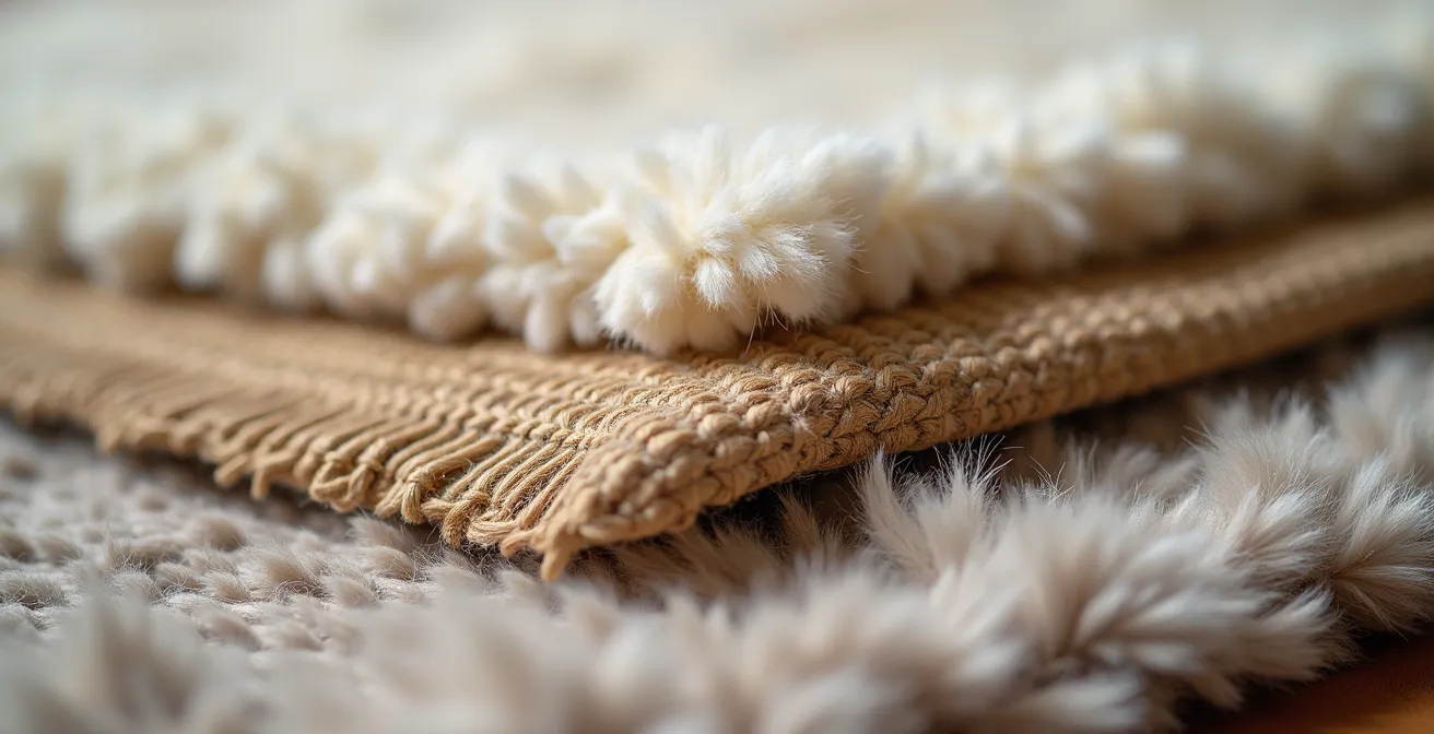 Gros plan sur superposition de trois tapis aux textures canadiennes : jute, laine épaisse et fausse fourrure, créant un effet cocon chaleureux