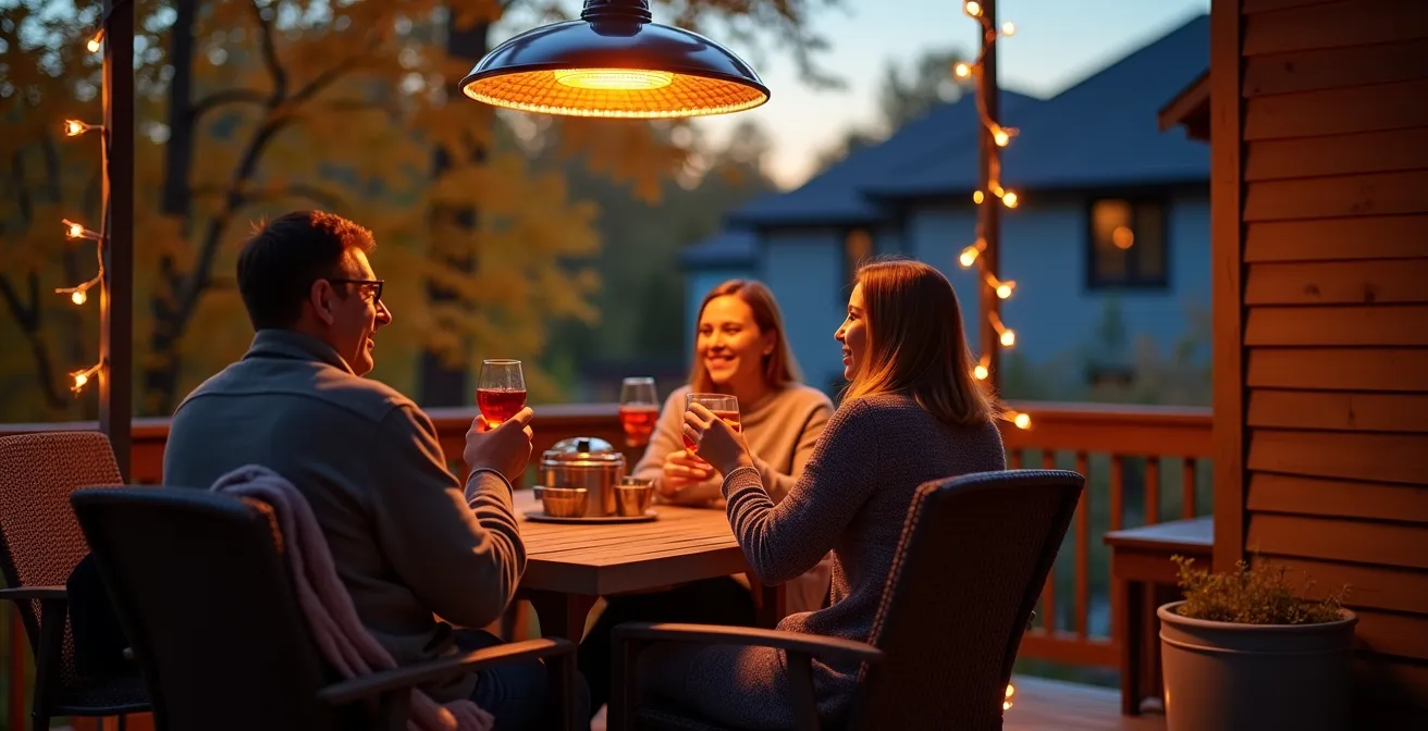 Terrasse canadienne en soirée d'automne avec système de chauffage infrarouge intégré et ambiance chaleureuse